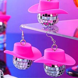 Pink Disco Ball Cowboy Hat and Smiley Face Hoop Earrings